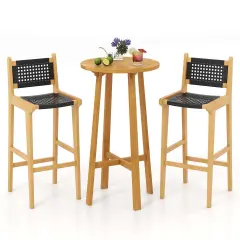 Costway 3 PCS Patio Bar Set Round Cocktail Table with 2 Armless Rattan Bar Stools