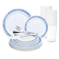 White with Blue and Silver Royal Rim Plastic Wedding Value Set (120 Settings)