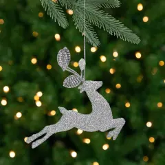 Northlight Leaping Glitter Drenched Reindeer with Faux Gem Christmas Ornament - 5.5" - Silver