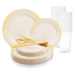 Ivory with Gold Harmony Rim Plastic Wedding Value Set (20 Settings)
