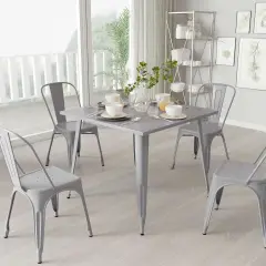 Merrick Lane Adana 35.5" Square Metal Dining Table for Indoor and Outdoor Use Silver