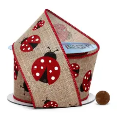 Charming Ladybugs on Natural Wired Ribbon 2.5" x 10 yd White Dots