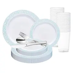 White with Turquoise Blue and Silver Mosaic Rim Round Plastic Wedding Value Set (120 Settings)