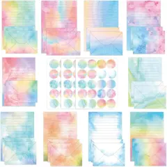160 Pieces Watercolor Stationary Paper Set for Girl - 50 Lined Stationery Writing Papers 50 Matching Envelopes 60 Round Sticker Seals, 10 Cute Unique Design (Watercolor, 5.5 x 8.25 Inch)