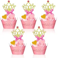 72 Pieces Glittery Princess Cupcake Toppers Crown Wrapper Holder Pink Gold Crown Tiara Pick Glitter Heart Cupcake Topper Baby Shower Decoration for Birthday Wedding Party Decor