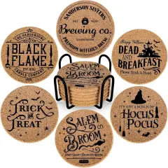 6Pcs Halloween Cork Coasters with Holder Hocus Pocus Round