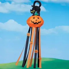 Collections Etc Halloween Pumpkin Cat Windsock with Streamers