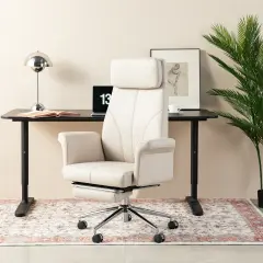 Modern Deluxe Faux Leather Gaslift Adjustable Swivel High Back Office Chair with Footrest and Armrest Ivory