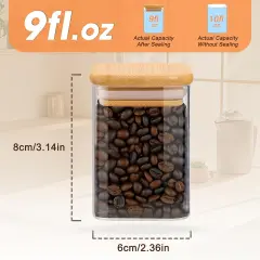 Glass Spice Jars with Bamboo Lids - 9 Oz Small Square Storage Jars with Airtight Lids Clear Pantry Food Storage Containers Glass Canister Set with Labels for Kitchen Coffee Sugar Flour(Set Of 10)