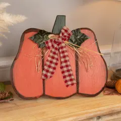 Northlight Wooden Pumpkin Fall Harvest Decoration with Bow and Leaves - 15.25" Orange