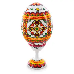 Geometrical Ukrainian Wooden Easter Egg Pysanka on a Stand 3.75 Inches