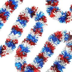4th of July Patriotic Tinsel Garland Red White Blue Metallic Twist Foil Tinsel Garland Shiny Hanging Decorations for Independence Day Memorial Day Celebration Party Decorations