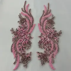 1 Pair 14" x 4" Each Side Crystal Rhinestone Beaded & Corded Lace 100% Polyester Pink Color