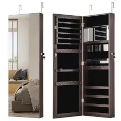43.5 Inch Jewelry Mirror Cabinet with Full-length Mirror and Adjustable Hangers Dark Brown