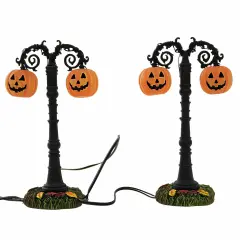 Department 56 Villages 4.25 In Lit Hallow's Eve Street Lamps Halloween Halloween Village , Halloween Decor Jack-O-Lanterns Fall Leaves Multicolored