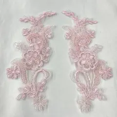 1 Pair Beaded & Corded Floral Lace Applique 9" x 2.5" Each Side Pink (HB)
