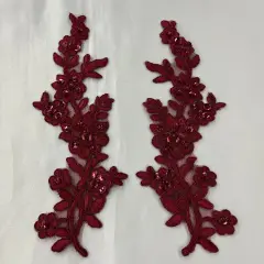 1 Pair Beaded & Corded Floral Lace Applique 10" x 2" Each Side Wine