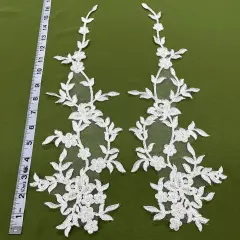 1 Pair Beaded & Corded Floral Lace Applique 17" X 4.5" Each Side, 100% Polyester Net Mesh Ivory