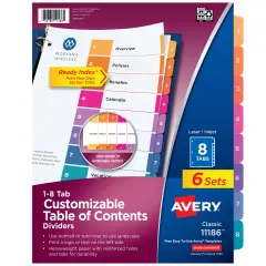 Avery Ready Index 8 Tab Binder Dividers, Customizable Table of Contents, Multicolor Tabs, 6 Sets (11186)