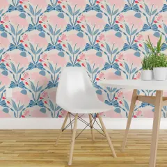 Peel & Stick Wallpaper 2FT Wide Preppy Coastal Blue Pink Botanical Floral Ribbons Bows Custom Removable Wallpaper by Spoonflower