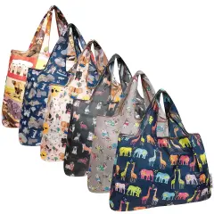 Wrapables Large Foldable Tote Nylon Reusable Grocery Bags, 6 Pack, Precious Pets
