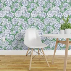 Peel & Stick Wallpaper 2FT Wide Blue Preppy Floral Peony Flowers Green Botanical Modern Lines Garden Spring Grandmillennial Custom Removable Wallpaper by Spoonflower