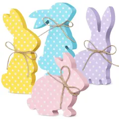 4 Pcs Easter Bunny Table Wooden Signs Bunny Shaped Farmhouse Decor Spring Rabbit Wood Tabletop Decorations Easter Rabbit Dining Room Table Decor Sign with Rope(Macaron Dots)
