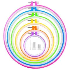 Caydo 6 Pieces Embroidery Hoops and 15 Needles, Plastic Circle Cross Stitch Hoop Ring Embroidery Circle Set, 3.4 inch to 10.4 inch (Multicolor)