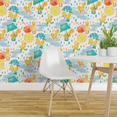 Peel & Stick Wallpaper 2FT Wide Baby Duck Rainy Days Muddy Puddles Welly Boots Puddle Jumping Blue Yellow Custom Removable Wallpaper by Spoonflower