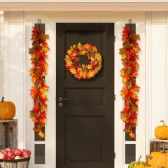 6'L Fall Lighted Maple Leaves Garland & 24"D Fall Lighted Maple Leaves Wreath with Timer