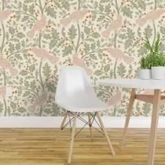 Peel & Stick Wallpaper 2FT Wide Cottagecore Sage Green Blush Pink Bird Woodland Rustic Leaves Custom Removable Wallpaper by Spoonflower