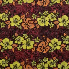 1 Yard Hibiscus Plumeria Monstera Leaf Fabric 100% Polyester, 60 Inches Width Yellow / Oran