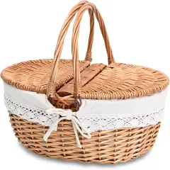 Large 15.4" Wicker Picnic Basket with Removable Liner Empty Picnic Baskets with Lid, Picnic Hamper with Foldable Handles for Picnic, Natural Color, Large