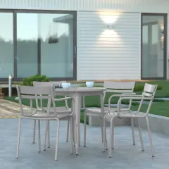 Emma and Oliver Rennes Powder Coated Steel Stacking Dining Chair with Arms and 2 Slat Back for Indoor-Outdoor Use Silver