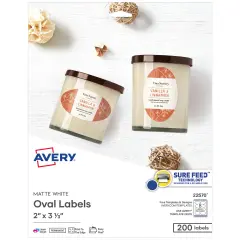 Avery Printable Blank Oval Labels, 2" x 3-1/3", Matte White, 200 Customizable Labels (22570)