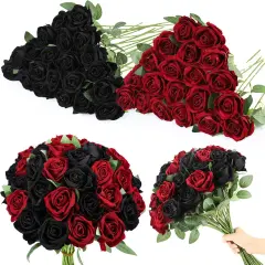 80 Pcs Roses Artificial Flowers Bouquet(Black & Red)