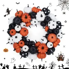 18 Inch Black Orange White Artificial Pumpkin Wreath