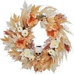 22 Inch Halloween Skull Wreath with Lights, White Pumpkins Roses