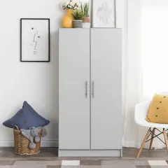 65-Inch Freestanding Tall Cabinet with Clothing Rod and Shelves for Bedroom or Kitchen Storage Light Grey