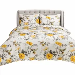 3 Piece Grey White Yellow Cotton Quilt Set with Reversible Floral Birds Pattern for Bedroom