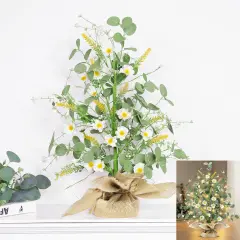Spring Easter Decorations, 22 Inch Artificial Tabletop Tree, Fake Silk Floral White Daisy Eucalyptus Lavender Flowers Linen Base Timer 20 LED Warm Light, Easy DIY Home Party Table Summer Holiday Decor