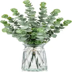 Artificial Eucalyptus Stems in Glass Vase with Faux Water, 20.4" Fake Plant Eucalyptus Leaves Faux Greenery Eucalyptus Branches for Home Office Farmhouse Bathroom Wedding Centerpiece Decor