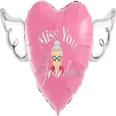 Miss You Grandma Heavenly Balloons heart shaped with angel wings (Pink)