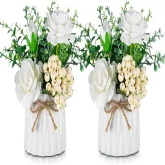 Table Decor Artificial Flowers Vase Small Fake Flower White Arrangement 2pcs Floral Arrangement for Tables centerpieces Kitchen Dining Room Decorations Faux Flower in Vase Silk Roses