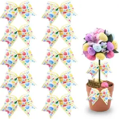 10 Pieces Easter Bows for Wreath, Happy Easter Wreath Bows White Yellow Burlap Bows Spring Holiday Eggs Flowers Gift Bows for Front Door Easter Spring Birthday Party Decorations Supplies