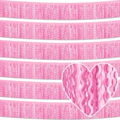 6 Pack 10 Feet Macaron Pink Wave Foil Fringe Garland Metallic Tinsel Streamers Banner Wall Hanging Curtain Backdrop for Parade Floats, Mother's Day, Easter, Wedding, Birthday Party Decoration