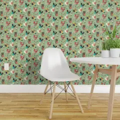 Peel & Stick Wallpaper 2FT Wide Green Chickens Flowers Birds Animals Tulips Kitchen Eggs Chicks Florals Poultry Aprons Custom Removable Wallpaper by Spoonflower