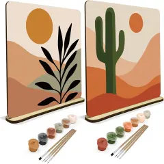 2 Pack Paint by Numbers Kit for Adults, Boho Oil Painting by Number on Wood Board, DIY Mountain Sunset Paint by Numbers Ornaments for Desktop, Easy Adult Paint by Number Kits for Gift 8x8 Inch