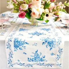 Blue Spring Floral Table Runner 48 inch - 100% Pure Linen Table Runner 14 x 48 Inch for Easter, Mothers Day, Summer - Handcrafted and Machine Washable - Jolie Fleur Print