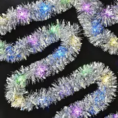 33FT Prelit Christmas Tinsel Garland Silver Metallic Twist Tinsel Garland with LED Lights Battery Operated Hanging Garland Decoration for Christmas Tree Stairs Mantle Decoration